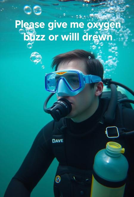 Man swimming in water wearing diving suit, oxygen mask and oxygen bottle, air bubbles leaking air,  bubble text " Please give me oxygen by buzz or I will drown "