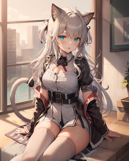 arknights_mint,animal ears, holding, cat ears,cat tail,school uniform, (white thighhighs:1.7), grey hair,cat girl, white legwear,