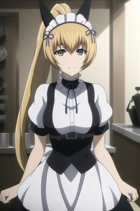 (masterpiece), high quality, (detailed background), 1girl, solo,
<lora:SteinsGateMayuri-v1-06:0.7>, ChopioMayuri, grey eyes, (looking at viewer:1.3),
blonde hair, long hair, ponytail,
outfit_2, fake animal ears, choker, ribbon, maid, maid headdress, belt,
 smile,
cafe,