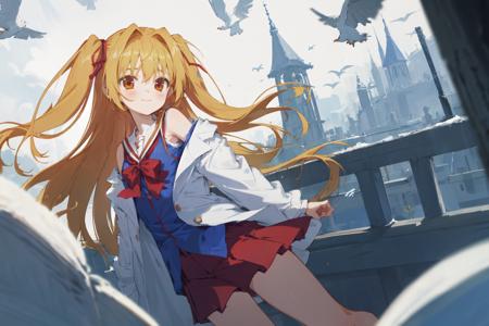 <lora:nikaidou_shinku:0.7:lbw=KoChar>,nikaidou shinku,1girl, best quality,red pleated skirt,two side up, hair ribbon, blue shirt,labcoat, school uniform,bare shoulders,  pigeon toed, light smile, town,day break,