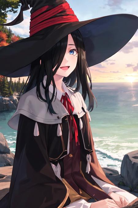 flanmajonotabitabi, 1girl, mature female, open eyes, blue eyes, smile, mole under eye, bangs covering one eye, sea, open mouth, happy, star brooch, red ribbon, upper body, sitting on rocks, black hair, long hair, <lora:envybetterhandsLocon_beta2:1.0>, black witch robe, white shirt, witch hat with star decoration, mature female, impressionism, chromatic aberration, pastels, black robe, real world location, cliff, seashore, maine, national park view point, acadia national park, autumn, sunlight, dappled sunlight, teacher,