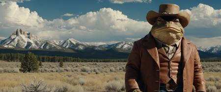 a humanoid toad gunslinger staring intensely with contempt in Wyoming's wilderness, wearing a cowboy hat and rugged duster, snowy mountaintops and gorgeous clouds in the background