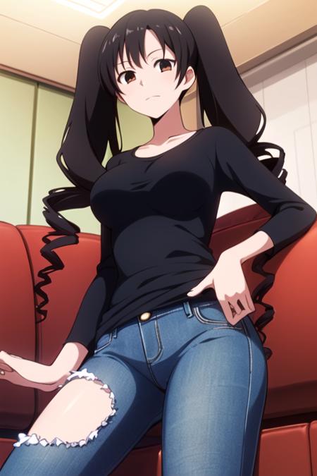 masterpiece, best quality, <lora:kunogi_himawari:0.7> kunogi_himawari, 1girl, solo, long hair, large breasts, black hair, twintails, very long hair, looking at viewer, drill hair, jeans, black shirt, sitting, red couch, from below,