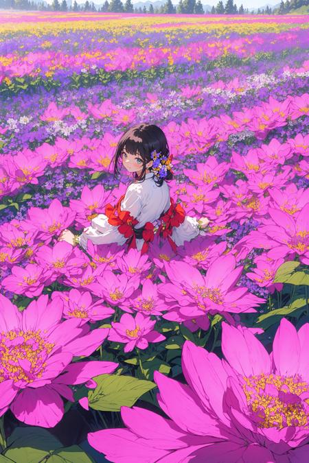 absurdres, highres, ultra detailed, (girl:1.3), 
BREAK
(, Design a flower field setting, with blooming flowers, vivid colors, and a sense of growth and renewal.:1.6)