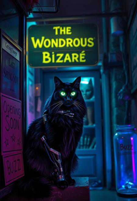 In the distance, a black cat with long fur and glowing neon green eyes sits in a shop window. The cat has cybernetic prosthetic limbs that shine with a metallic glow. The scene is set in a back alley, lit by rich blue, teal, and purple lights, creating a mysterious and dreamlike atmosphere.
The shop, named "The Wondrous Bizarre," has a sign above the door, and another sign on the door reads "Opening Soon." The cat’s bright eyes draw attention to the shop. Next to the shop door, there is a clear jar labeled "Buzz." Inside the shop, strange and otherworldly prosthetic parts are visible. The entire scene is detailed and filled with an eerie, mystical vibe.