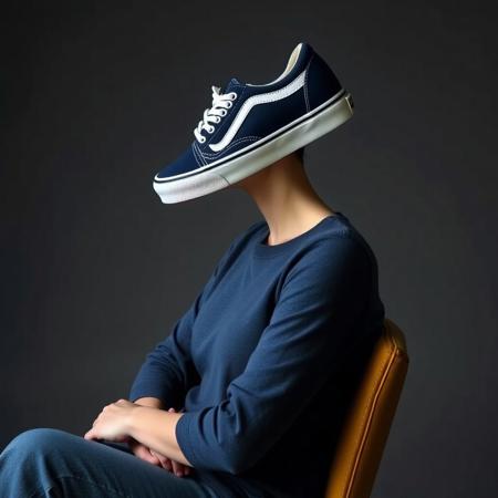 professional photo, detailed photo,
profile of woman, she has no head, she has no face
she is sitting in a chair, legs crossed
her entire-head was replaced with an actual sneaker
(((navy-blue-canvas-women's-Vans-sneaker))), (((Vans-Authentic-sneaker)))