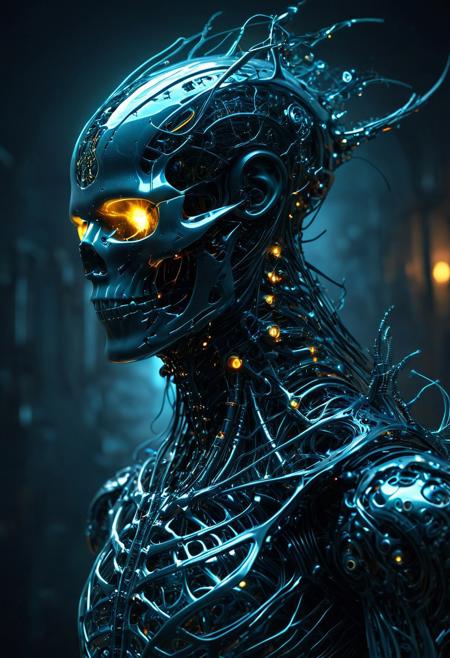 An enthralling 3D render unveils a dark fantasy mechanical neck spine system, envisioning a futuristic and sinister concept. The spine is intricately detailed, incorporating fiber optic neurons that interconnect with a polished, transparent helmet. The helmet houses electronic-optical eyes that emit a subtle, enigmatic glow, contributing to the ominous appearance. The design masterfully merges advanced technology with the macabre, eliciting a sense of enigma and captivation. This conceptual artwork prompts the viewer to contemplate the intersection of technology and dark fantasy, evoking a blend of fascination and discomfort.