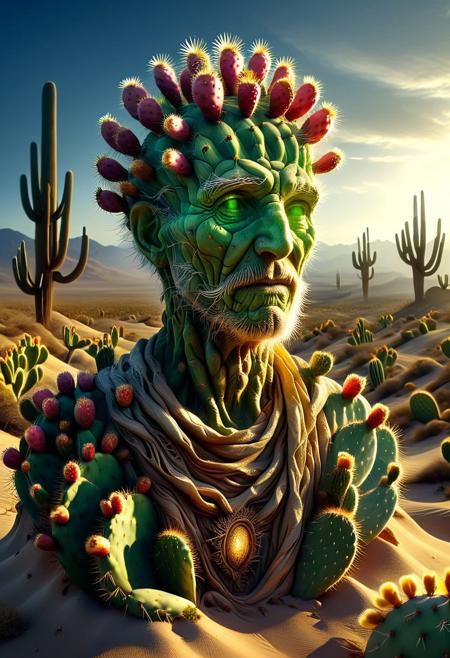 Ancient desert spirit, a wise elder whose face is carved from gnarled and weathered prickly pear cactus, deep furrows and layered textures creating an ageless presence, glowing cactus flowers symbolizing wisdom, soft golden side light casting long shadows, vast arid landscape in the background, mystical and surreal energy, high-detail fantasy realism, cinematic grandeur, painterly yet highly detailed, ethereal atmosphere, intricate storytelling, concept art aesthetic, ultra-HD, dreamlike composition