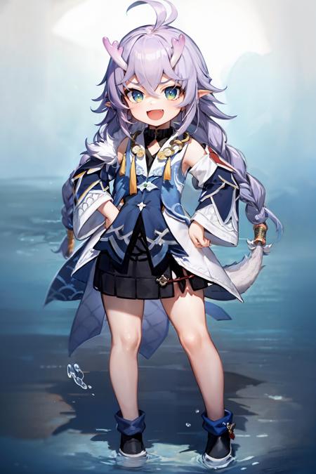 1girl,horns,purple hair,long hair,ahoge,twin braids,pointy ears, sidelocks, multicolored eyes,bare shoulders,detached sleeves,wide sleeves, shirt,black shorts,dragon tail,