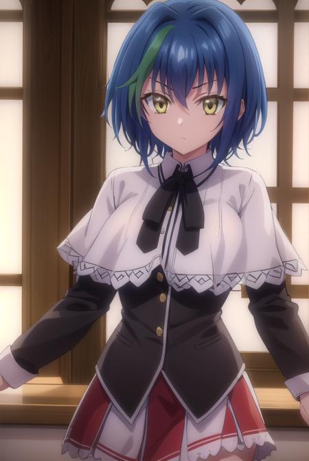 xenoviaquarta, <lora:dxd xenovia quarta anime s2-lora-nochekaiser:1>,
xenovia quarta, short hair, blue hair, (yellow eyes:1.5), multicolored hair, green hair, two-tone hair, streaked hair,
BREAK shirt, ribbon, school uniform, white shirt, black ribbon, neck ribbon, capelet, black capelet, long sleeves, skirt, red skirt,
BREAK indoors, classroom,
BREAK looking at viewer, (cowboy shot:1.5),
BREAK <lyco:GoodHands-beta2:1>, (masterpiece:1.2), best quality, high resolution, unity 8k wallpaper, (illustration:0.8), (beautiful detailed eyes:1.6), extremely detailed face, perfect lighting, extremely detailed CG, (perfect hands, perfect anatomy),