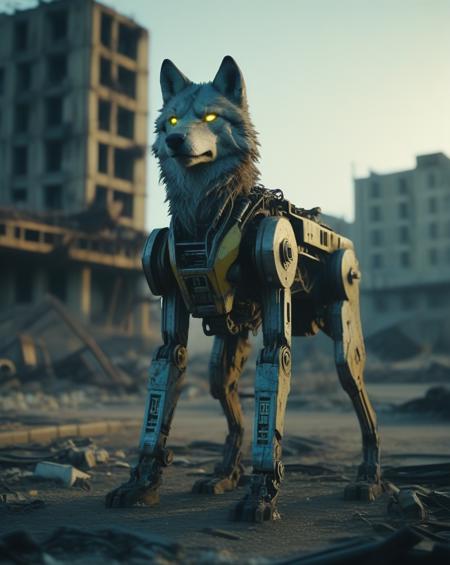 A cybernetic wolf stands amidst ruins, with one side resembling a mechanical robot and the other side retaining its natural fur. The background is a desolate wasteland with crumbling buildings, rusted machinery, and a toxic yellow sky. Incorporate subtle details like glowing blue circuits, exposed wires, and worn leather straps to convey a sense of decay and technological overreach
