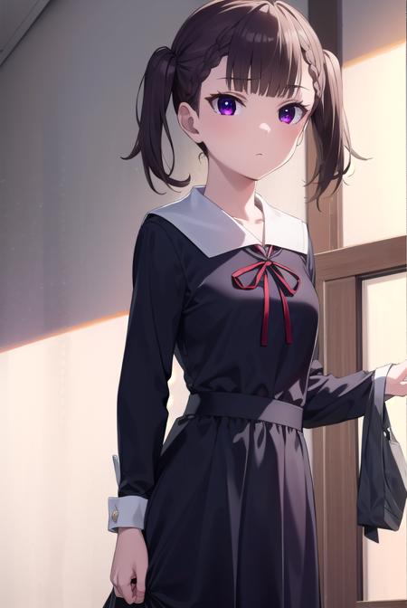 makishijou, <lora:makishijou-lora-nochekaiser:1>,
maki shijou, bangs, blunt bangs, (purple eyes:1.1), twintails, two side up, braid, short twintails,
BREAK long sleeves, dress, ribbon, school uniform, black dress, red ribbon, neck ribbon, collared dress, shuuchiin academy school uniform,
BREAK outdoors,
BREAK looking at viewer, (cowboy shot:1.5),
BREAK <lyco:GoodHands-beta2:1>, (masterpiece:1.2), best quality, high resolution, unity 8k wallpaper, (illustration:0.8), (beautiful detailed eyes:1.6), extremely detailed face, perfect lighting, extremely detailed CG, (perfect hands, perfect anatomy),