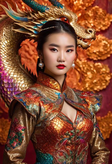 RAW Studio, Photograph, A mythical Chinese Girl Beauty with spreading arms with glowing glittery intricate Dragon Scales, influenced by a colorful glistening dragon, symmetrical hyperdetailed texture, pearl filigree, in the style of realism, photograph taken with provia, emotional and dramatic scenes, Kriengin, Brandon Wolfel, sharp focus, style of Jay Anacleto, Esao Andrews, complex background, Beautiful, Cinematic, Masterpiece, Cinematic film still, shot on v-raptor XL, film grain, vignette, color graded, post-processed, cinematic lighting, 35mm film, live-action, best quality, atmospheric, a masterpiece, epic, stunning, dramatic Professional photography, bokeh, natural lighting, canon lens, shot on dslr 64 megapixels sharp focus, intricately detailed, color depth, dramatic, side light, colorful background, perfecteyes, brown eyes, easynegative,