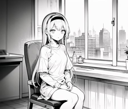 <lora:Hatsu2-10:1>,  <lora:animeLineartMangaLike_v30MangaLike:1>, monochrome, greyscale, lab, black hairband, long hair, chair, sitting, chained wrists