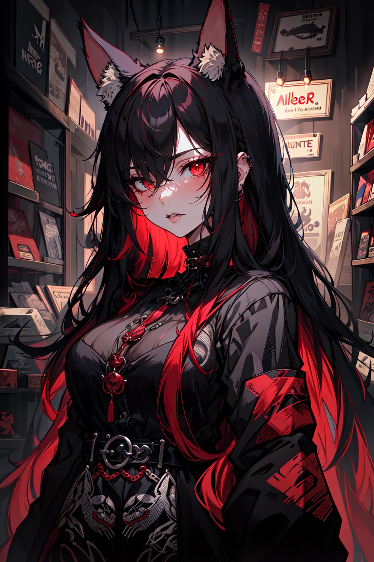 A black and red anime character with red hair and red eyes standing in a library.