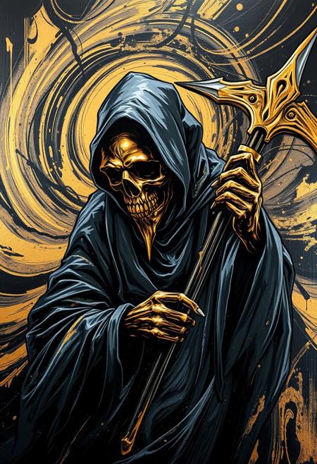 A hyper-stylistic, extremely detailed image depicts a breathtaking painting, crafted from a combination of smeared black and gold metallic paint. The Grim reaper is captured in a streaked motion, as if it is moving rapidly in one direction. The black paint is applied in bold, dynamic strokes, creating a sense of energy and movement that is contrasted beautifully by the golden accents. The gold paint is used to highlight the Grim reaper's features, adding a sense of depth and dimensionality to the image. The overall effect is one of breathtaking, surreal dynamism, as if the viewer has captured a fleeting moment in time. Every detail of the image is meticulously crafted, from the delicate, swirling patterns of the gold paint to the intricate, textured patterns of the black paint. The contrasts between light and dark, color and texture, create a sense of tension and energy that draws the viewer in, inviting them to explore the kinetic world of the painting. highest-Quality, intricate details, visually stunning, Masterpiece