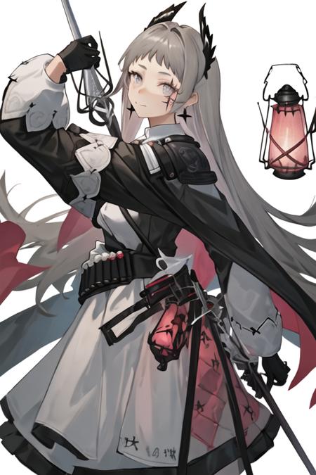 best quality, masterpiece, highres, solo, {irene_arknights:1.15}, long_hair, grey_hair, head_wings, scar, scar_across_eye, grey_eyes, earrings, jewelry, scar_on_face, closed_mouth, upper_body, very_long_hair, 1girl, ammunition_belt, black_gloves, black_jacket, gloves, holding, holding_weapon, jacket, long_sleeves, looking_at_viewer, puffy_long_sleeves, skirt, sword, weapon, black_dress, gun, holding_lantern, holding_sword, lantern, white_capelet, black_background, capelet, puffy_sleeves, rapier