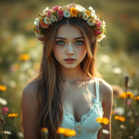 cinematic photo summers meadow, wild flowers
1girl, solo, wild flower crown, long hair, breasts, cleavage, lacy summer dress, thin dress straps, bright green eyes, button nose
bokeh, , score_9, score_8_up, score_7_up, hyperdetailed, hyperrealistic, masterpiece, best quality, (masterpiece:1.3),high-definition, intricate details, volumetric lighting, symmetrical face, level eyes, skin pores . Extremely high-resolution details, photographic, realism pushed to extreme, fine texture, incredibly lifelike . 35mm photograph, film, bokeh, professional, 4k, highly detailed