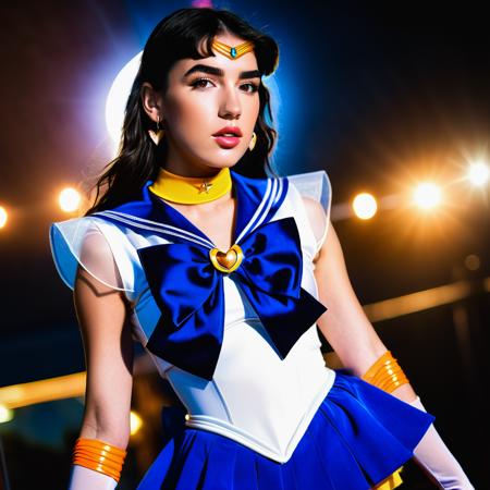 A vibrant photograph of Dua Lipa dressed as sailor moon, sailor senshi uniform, wide-angle lens,wide shot, full body, legs, waist,  ((looking at viewer)), (looking into the camera), front view, detailed face, freckles,amber eyes,  hyper realistic,  natural lightning, perfect shadows, 35mm photograph, film, professional, 8k, highly detailed,from  movie, (cleavage:1.2) , high budget, bokeh, cinemascope, moody, epic, gorgeous, cinemascope, moody, <lora:xl_sailor_senshi_uniform-1.0:1>