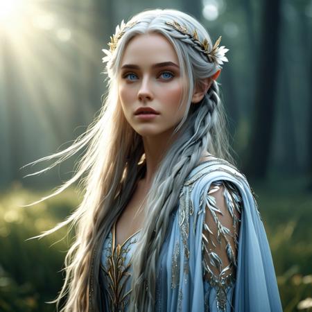 (8K, Breathtaking photo of a Beautiful Girl), The image is a high-resolution photograph featuring 21 year old woman with a fantastical, ethereal appearance. She has fair skin, large, expressive blue eyes, and long, flowing silver hair adorned with intricate braids and delicate floral ornaments. Her hair cascades down her shoulders and is interwoven with strands of gold and silver, adding to the ethereal ambiance. She wears a long, flowing cloak made of a shimmering fabric that matches her hair color, with intricate details including metallic threads and feathers. Her attire is reminiscent of a fantasy elf or fairy, with an otherworldly, almost mythical quality. She stands in an environment that appears to be a mystical forest or meadow, with tall, feathery plants and grasses that surround her. The background is a soft, muted blend of light grays and whites, creating a serene and dreamlike atmosphere. The lighting is soft and diffused, casting a gentle glow that highlights the textures and details of her clothing and hair. The overall style of the artwork is highly realistic with a slight touch of fantasy, blending elements of both realism and digital artistry to create a captivating and enchanting scene.