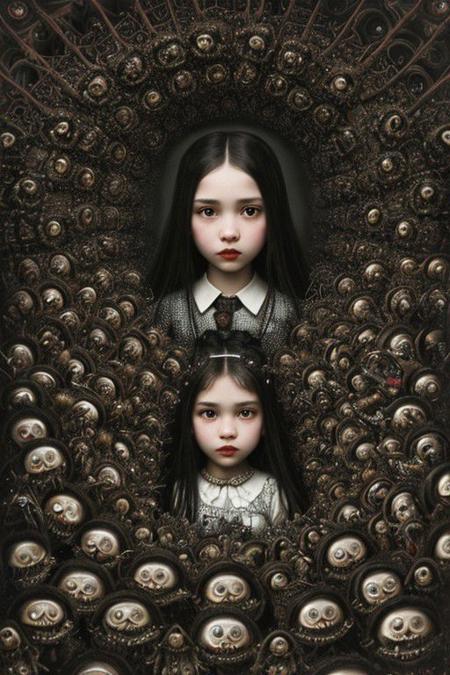 An intricate mixed media artwork depicting a surreal scene of a girl surrounded by a swarm of malevolent anthropomorphic creatures, each with distorted features and sharp teeth, portraying the disturbing mix of innocence and horror. By Mark Ryden.