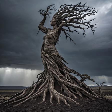 A solitary figure of resilience, mother nature, carved from the very earth, enduring the wrath of nature's fury.
