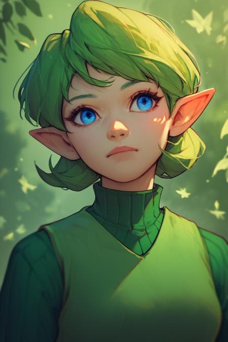 ootsariapdxl green hair, short hair, blue eyes, pointy ears,  green hairband, green sweater, ribbed sweater, green tunic, belt, green boots