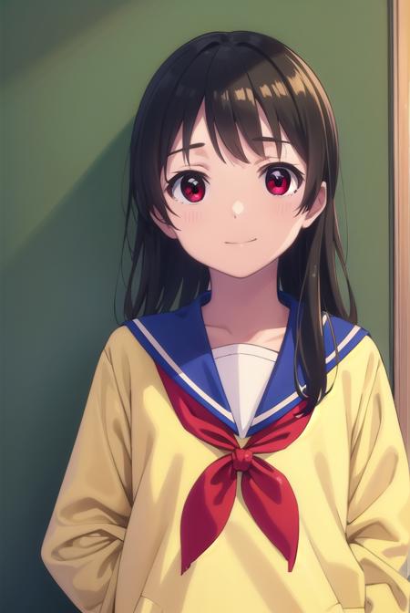 inarifushimi, <lora:inari fushimi s1-lora-nochekaiser:1>,
inari fushimi, long hair, black hair, (red eyes:1.3), smile,
BREAK skirt, school uniform, serafuku, blue sailor collar, shirt, (light yellow shirt:1.5), long sleeves, blue skirt, neckerchief, (red neckerchief:1.5),
BREAK indoors, classroom,
BREAK looking at viewer, (cowboy shot:1.5),
BREAK <lyco:GoodHands-beta2:1>, (masterpiece:1.2), best quality, high resolution, unity 8k wallpaper, (illustration:0.8), (beautiful detailed eyes:1.6), extremely detailed face, perfect lighting, extremely detailed CG, (perfect hands, perfect anatomy),