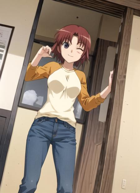 <lora:KosudaKazuki:0.7> KosudaKazuki, 1girl, solo, smile, long sleeves, one eye closed, pants, denim, jeans, raglan sleeves