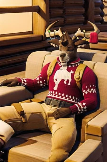 <lora:Fortnite_Dolph_V2:0.7>, best quality, Fortnite_Dolph,  Closed eyes, Christmas Sweater, Belt, Christmas Stocking, Christmas Lights, Candycane, Pistol Holster, Christmas Ball Ornament, Khaki Pants, Shin Guards, Boots, (((sleeping, interior, cabin, lying on a couch)))