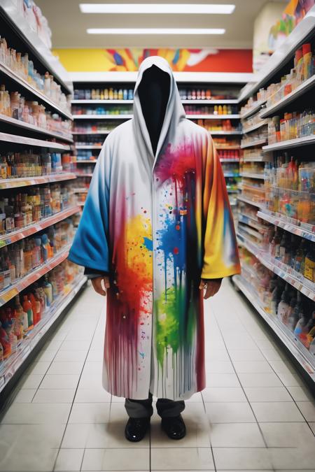 art by Martin Whatson, Airbrush painting, Painting, Cycles render, Alhambresque Man, wearing God robe, from inside of a supermarket, at Midday, tilt shift, vintage, full of color