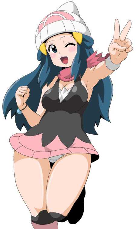 dawn pokemon thighs beanie miniskirt thick_thighs large_breast blue_hair scarf long_hair dawn_(pokemon)