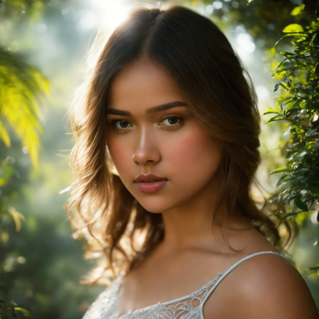 Rebecca Klopper,  in the jungle, 1girl, closeup, foggy, bokeh, evening, light bloom, masterpiece, best quality, photograph, dreamlike, face focus, intricate details, sharp focus, photography, photorealism,  large breasts, photorealistic, soft focus, volumetric light, (****), (intricate details), (hyperdetailed), high detailed, lot of details, high quality, soft cinematic light, dramatic atmosphere, raytracing, 