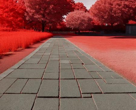 raw photo of there is a red field with a stone path in it, a digital rendering by Ryksei Kishida, featured on cg society, color field, infrared photography, infra - red, landscape architecture photo,  <lora:Redia_yiu_v10:0.6>