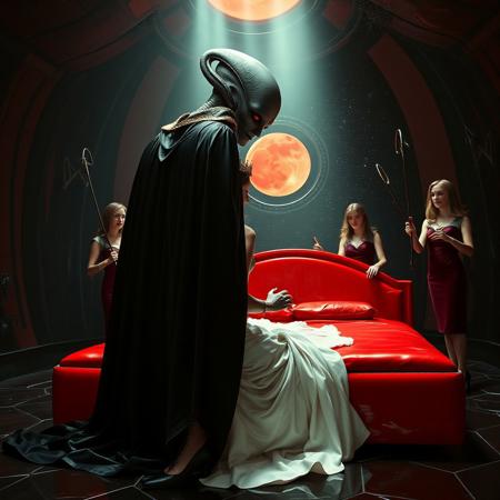 high-society elegant slender norvegian rich innocent young bride  kneeling  whorish red glossy bed from behind. She is ensnared by a towering, gray human-like alien, draped in a long, glossy black cloak, its eyes gleaming red with an otherworldly intensity.  its hands touching her head putting slime tentacles tiara  on her. Encased in light beam from the alien breeding chamber celling. Surrounded by strict ladies wearing  glossy satin dominatrix attire and glossy high heels,  holding whips.   weird wet-look black slime  walls and floor, colossus observation blister to outer space full of stars, bright red moon, vintage-inspired makeup, long hairs, ultra thin waist, evil grin, porcelain skin, lipstick, red nails, in the style of a haunting, retro-futuristic 1950s sci-fi nightmare, horror, alien space base,,