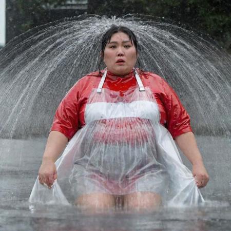a 800 pound asian woman wearing a long shiny red and white dress lays beneath a large clear PVC apron covering her entire body dripping in water as rain pour from the sky