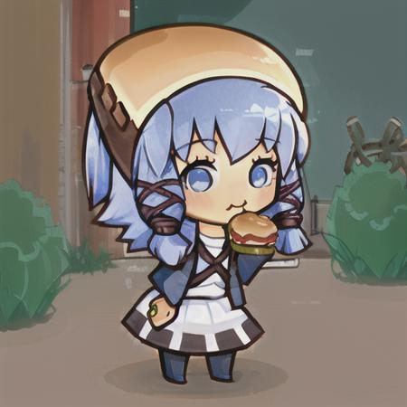 solo, magnolia, human, female, blue eyes, chibi, skirt, eating hamburger <lora:pk_magnolia_v2-000012:1>