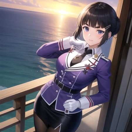 ((masterpiece)),(best quality),official art,extremely detailed CG,unity 8k wallpaper,ultra detailed,A lighthouse on a cliff by the sea,1girl,solo,cowboy shot,myoukou (kantai collection),medium breasts,blunt bangs,black hair,black skirt,hair bun,long sleeves,white pantyhose,pencil skirt,puffy long sleeves,puffy sleeves,looking at viewer,thick eyebrows,military uniform,white gloves,eyebrows visible through hair,high heel boots,purple jacket,hair ornament,hairclip,black necktie,black belt,<lora:Myoukou(kan)>,