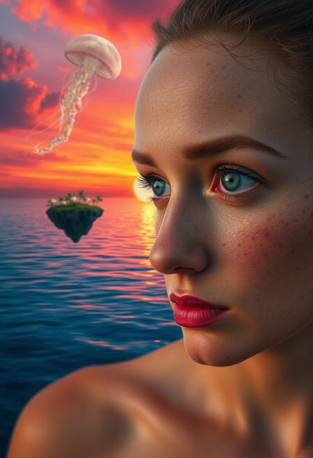 A portrait of a freckled woman, her eyes reflecting a serene sunset over a calm ocean, with the sky painted in vivid, otherworldly hues of pink, orange, and purple. Floating islands with glowing plants hover above the water, casting ethereal reflections. A giant, translucent jellyfish drifts gracefully through the sky, adding a touch of whimsy to the surreal landscape.