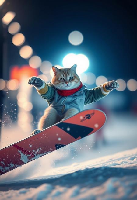 (Soft Lighting Photography by Mimoza Veliu and Mario Giacomelli:1.2), NSFW, A cat competing in snowboarding in Japan snow park, short hair, snow, the cat is executing a snowboard jump, extremely delicate and beautiful art, slow motion, vivid color,