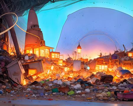 a huge ((trash junkyard)), hard lighting, pastel colors, art by WASMoebius