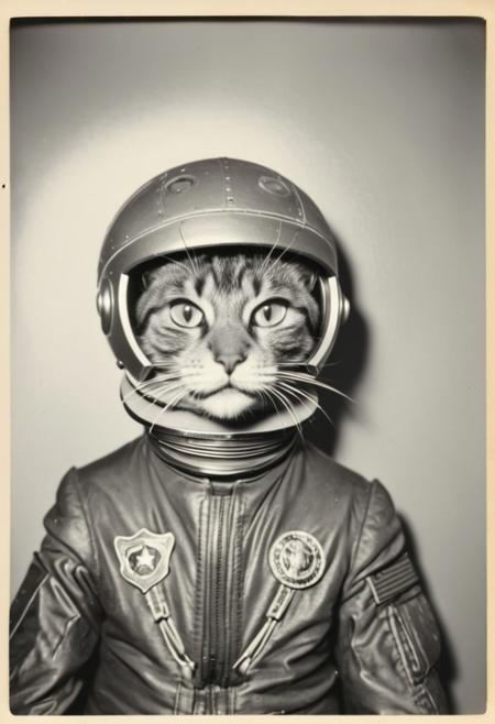 a vintage monochrome photo booth photo of a feline alien in a military space suit tcc_foundphotos