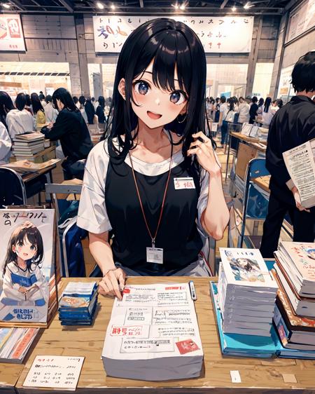 (masterpiece,best quality),perfect anatomy,super photo realistic illustration,highres,ultla detailed,absurdres,
BREAK
(1 girl,cute,kawaii,black hair,long hair,smile,open mouth),sitting,
table,(large amount of books),signboard,cardboard,indoor,
BREAK
CircleSetting,extremely_crowd:1.4,<lora:CircleSetting:1>,