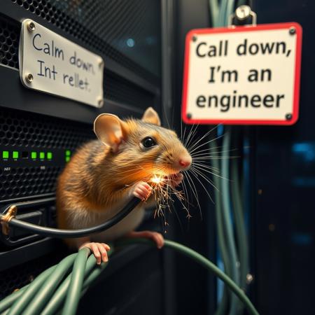 photo of a mouse chews the sparking cable in a server room.
eating sparking cable.
a sign that says "calm down, I'm an engineer".