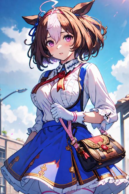 1girl,  meish0 d0t0,  blue dress, blue skirt,  blue ear ribbon, white gloves, pink hairband, white pantyhose, white legwear, frilled shirt collar, shoulder bag, flying sweatdrops,  <lora:Meisho Doto:1>, <lora:GBF_Splash:0.4>, splash art