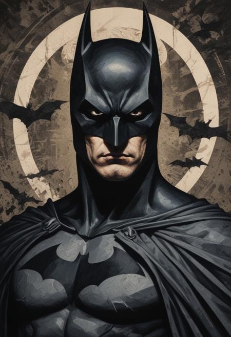 A captivating ukiyo-e inspired abstract painting that masterfully captures the essence of Batman as a striking silhouette. The Dark Knight is rendered with intricate precision and detail, featuring piercing white eyes that pierce through the darkness. Batman's figure stands out against a pristine white canvas, allowing the vibrant, geometric background to accentuate the dynamic pattern of shapes and lines. The overall composition is a harmonious blend of ukiyo-e, conceptual art, anime, portrait photography, and dark fantasy elements, creating a truly unique and mesmerizing piece., portrait photography, anime, ukiyo-e, conceptual art, dark fantasy