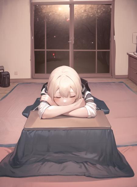 masterpiece, best quality, (kotatsu), indoors, table, window, cosy, calm, rest, 1girl, (siting at kotatsu), MHXA, white shirt, black shorts, <lora:kotatsu-20:0.8>, <lora:MHXA_REMAKE-20:0.8>