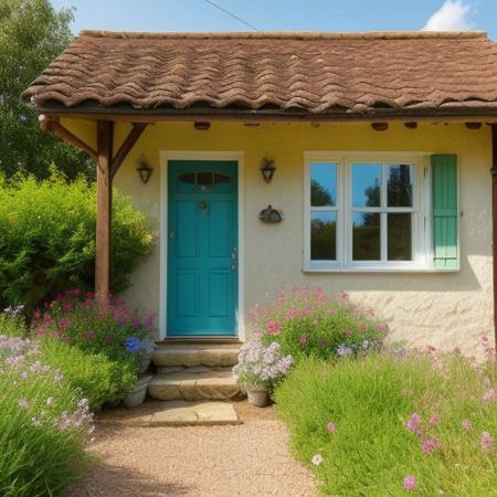 A cozy countryside cottage surrounded by colorful flowers, with a clear blue sky and a warm sunset in the background. A stone path leads to the front door, and a cat naps on the porch