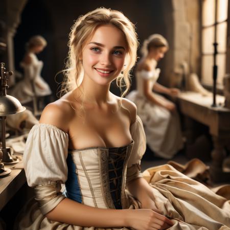 highly detailed analog photo of tailor, 

1girl, bare shoulders, corset, blonde hair, blue eyes, sitting, small breasts, white dress, solo focus, smile, depth of field, realistic:1.3, medieval tailor shop, cute face, 


masterpiece, best quality:1.1, 

depth of field:1.1, 
(analog photography:1.2),



