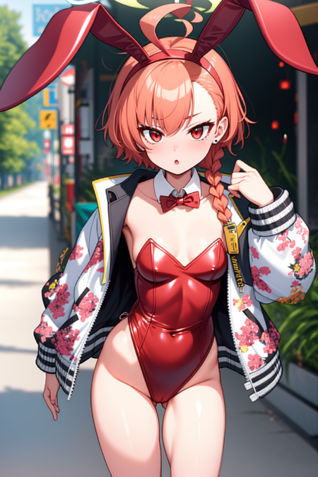 neru, red eyes, orange hair, short hair, huge ahoge, braid, single braid, stud earrings, halo sukajan, print jacket, playboy bunny, red leotard, fake animal ears, bunny ears, detached collar, red bowtie